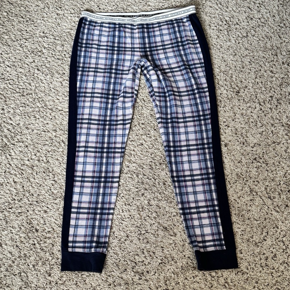 Victoria's Secret Elastic Waist Plaid Blue White Pink Pajama‎ Pants Womens Large